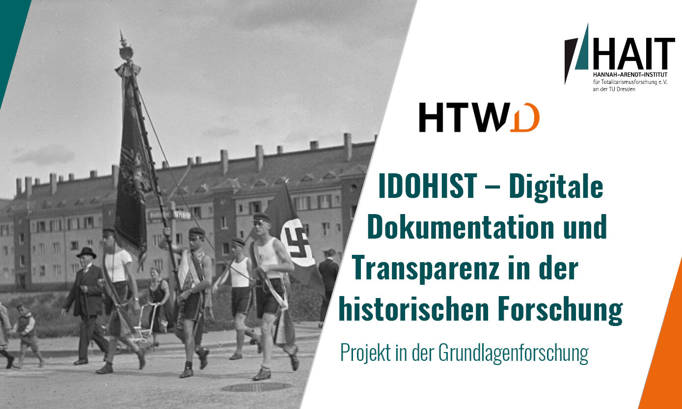 s/w-Bild von jungen Männern die Fahnen tragen. Die Logos von HAIT und HTWD. Text: IDOHIST - Digitale Dokumentation und Transparenz in der historschen Forschung, Projekt der Grundlagenforschung